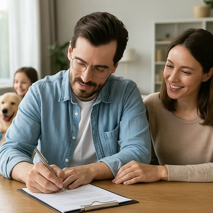 Famille signant un contrat d’assurance avec la garantie responsabilité civile habitation